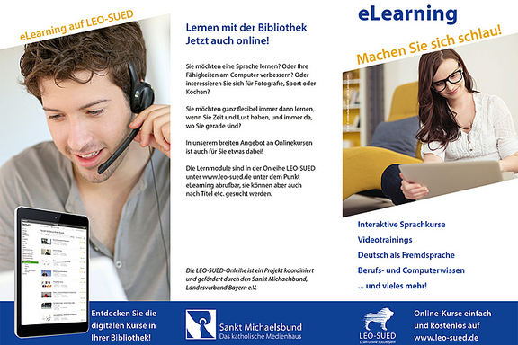Informationsflyer: Kostenlose interaktive Online-Kurse der Bibliothek über das eLearning-Portal LEO-SUED unter www.leo-sued.de.
