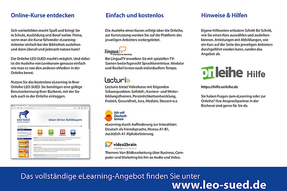 Rückseite des Flyers mit Details zur Anmeldung, Kursanbietern wie Lecturio und LinguaTV sowie Hilfsangeboten.